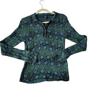 Fate Women's Green Blue Polka Dot Print Long Sleeve Collared Knit Top Size S